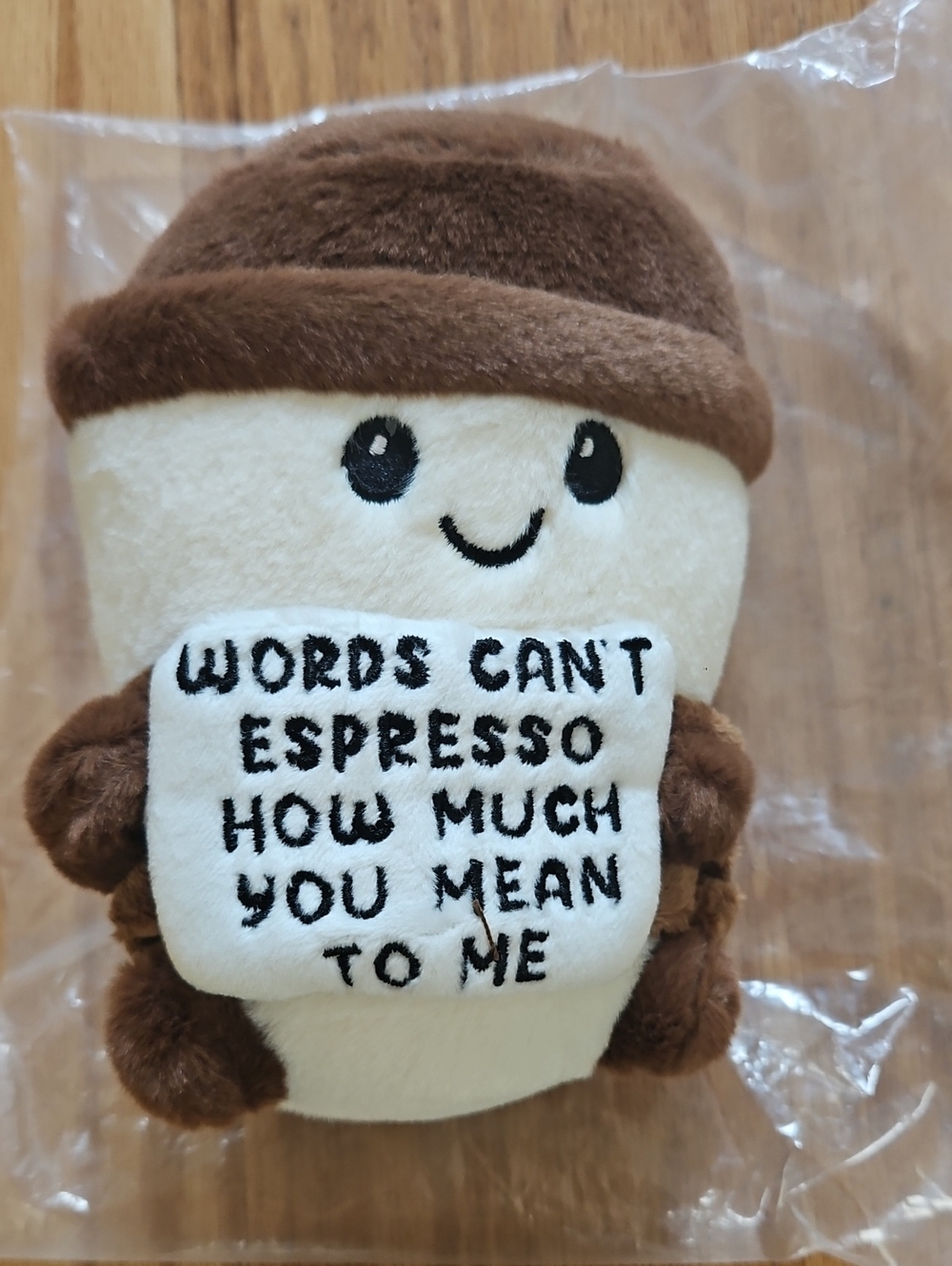 Cute Brown & Cream Coffee Plush with Embroidered Message - Picture 1 of 10